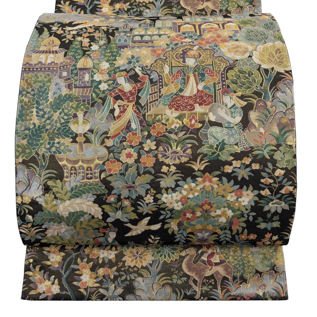 【美品】 袋帯 秀品 風景 人物 箔 深緑 六通 正絹 【中古】