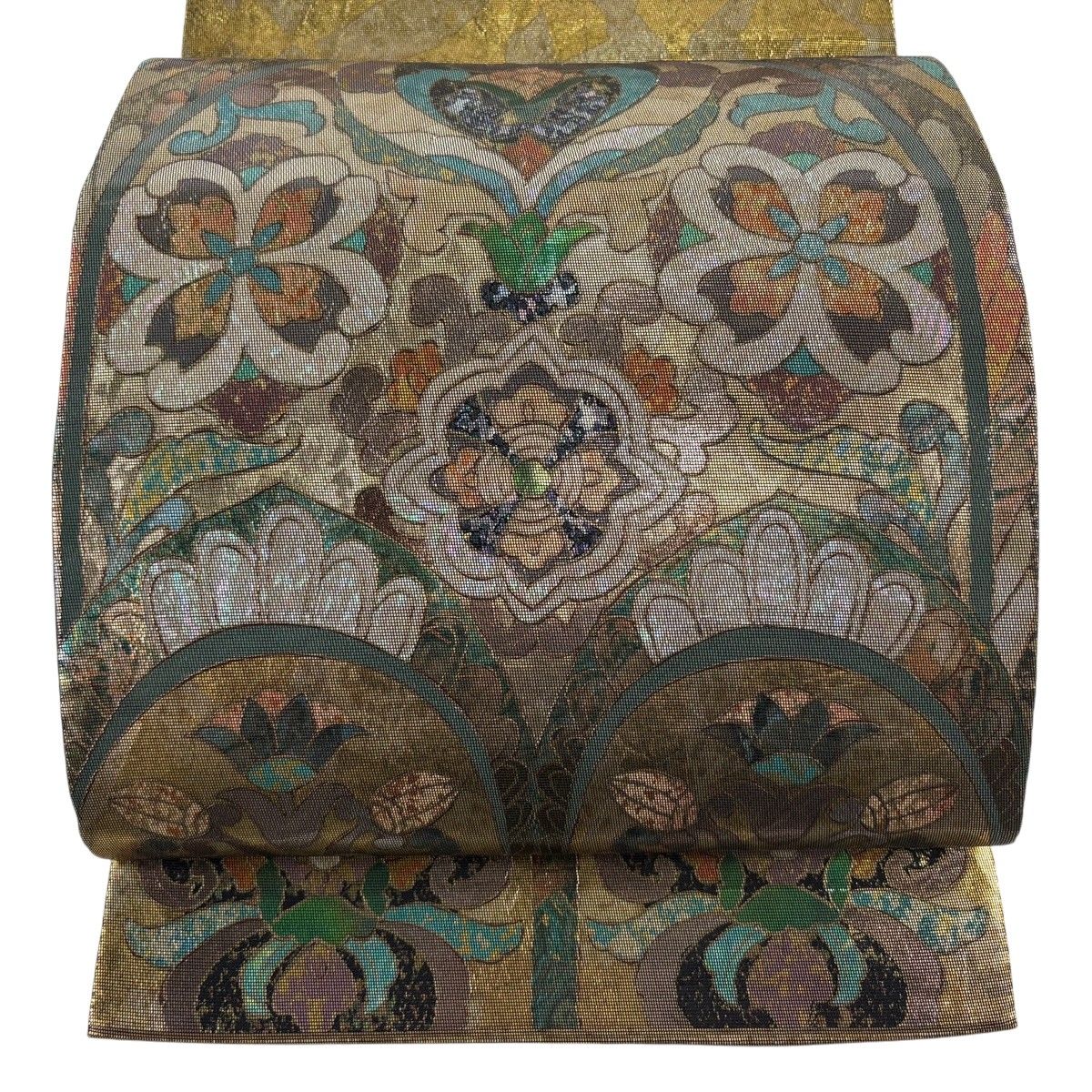 【美品】 袋帯 秀品 関西仕立て 華文 草花 螺鈿 箔 金色 お太鼓柄 正絹 【中古】 6,336円