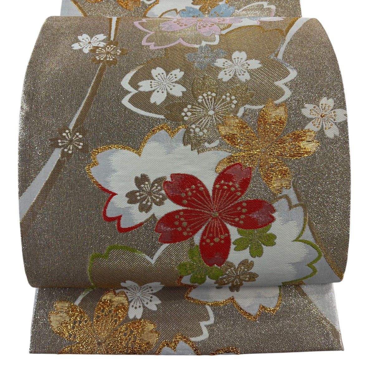 【美品】 袋帯 秀品 振袖向き 桜 金糸 箔 金色 六通 正絹 【中古】