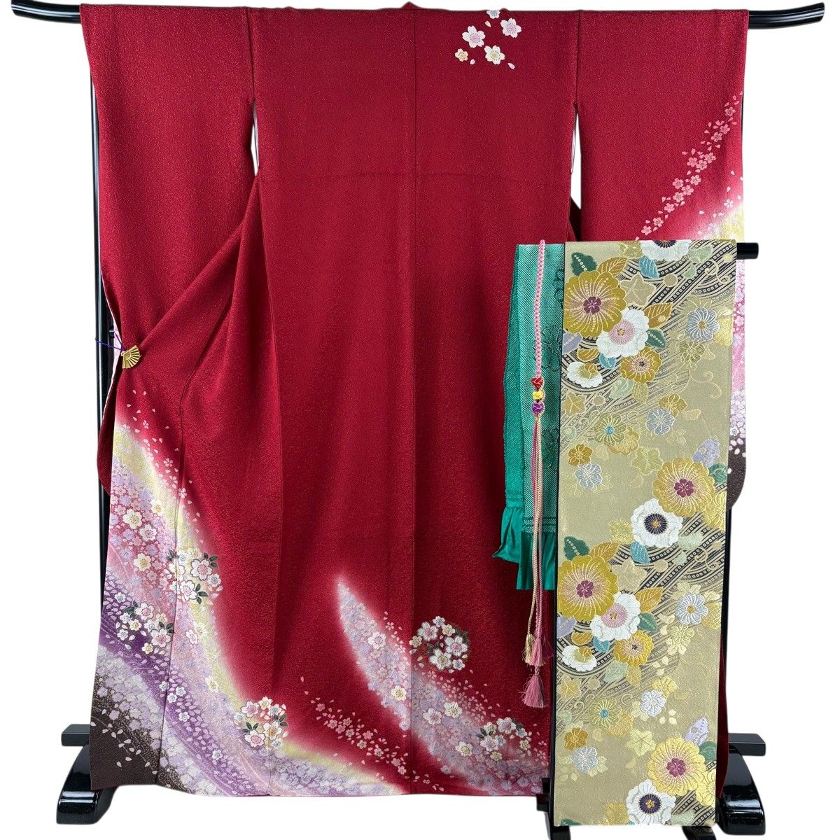 【美品】 振袖 身丈168cm 裄丈68cm L 袷 袋帯フルセット 桜 花びら 金通し 金彩 赤 正絹 名品 【中古】