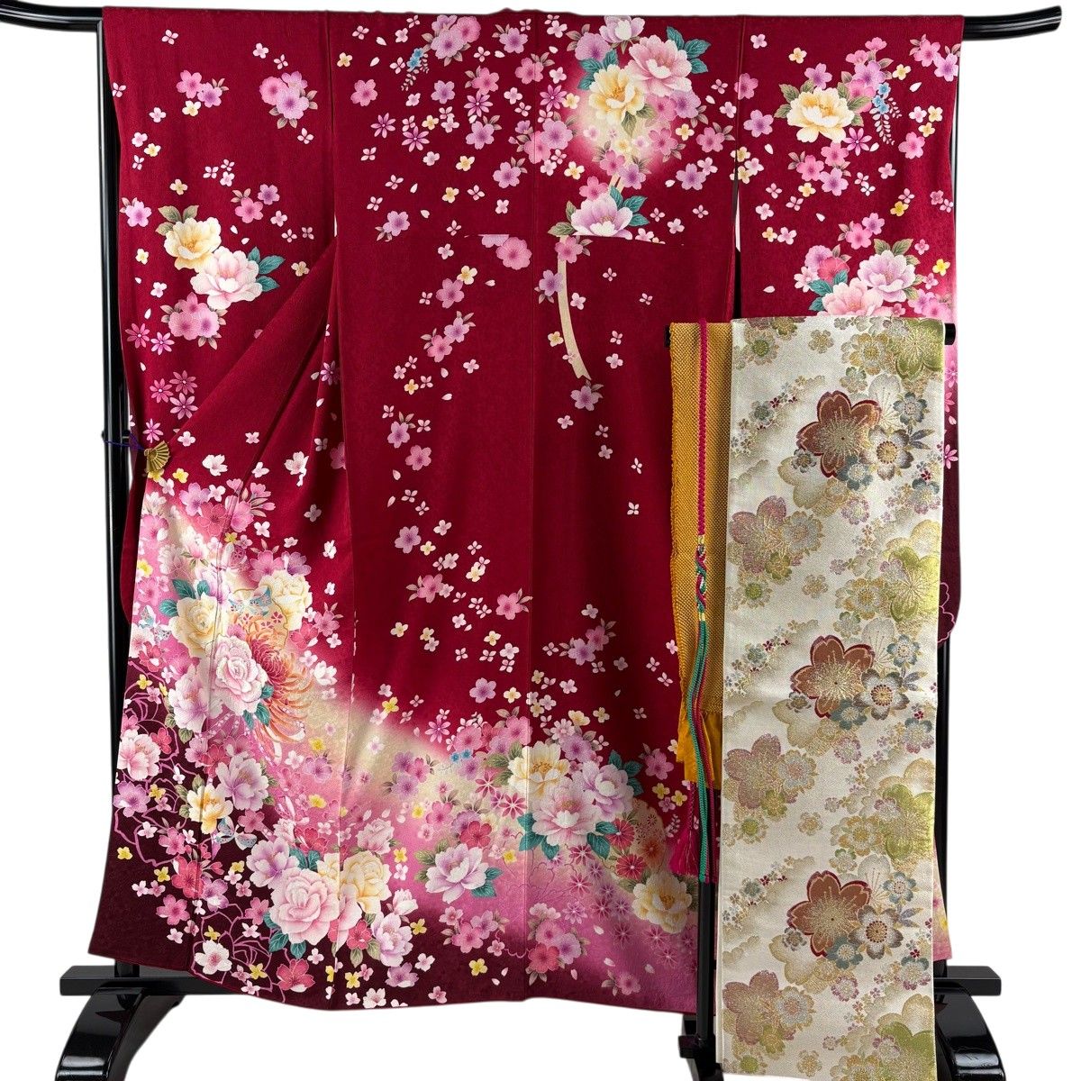 【美品】 振袖 身丈159cm 裄丈66cm M 袷 袋帯フルセット 薔薇 リボン 箔 刺繍 えんじ色 正絹 秀品 【中古】