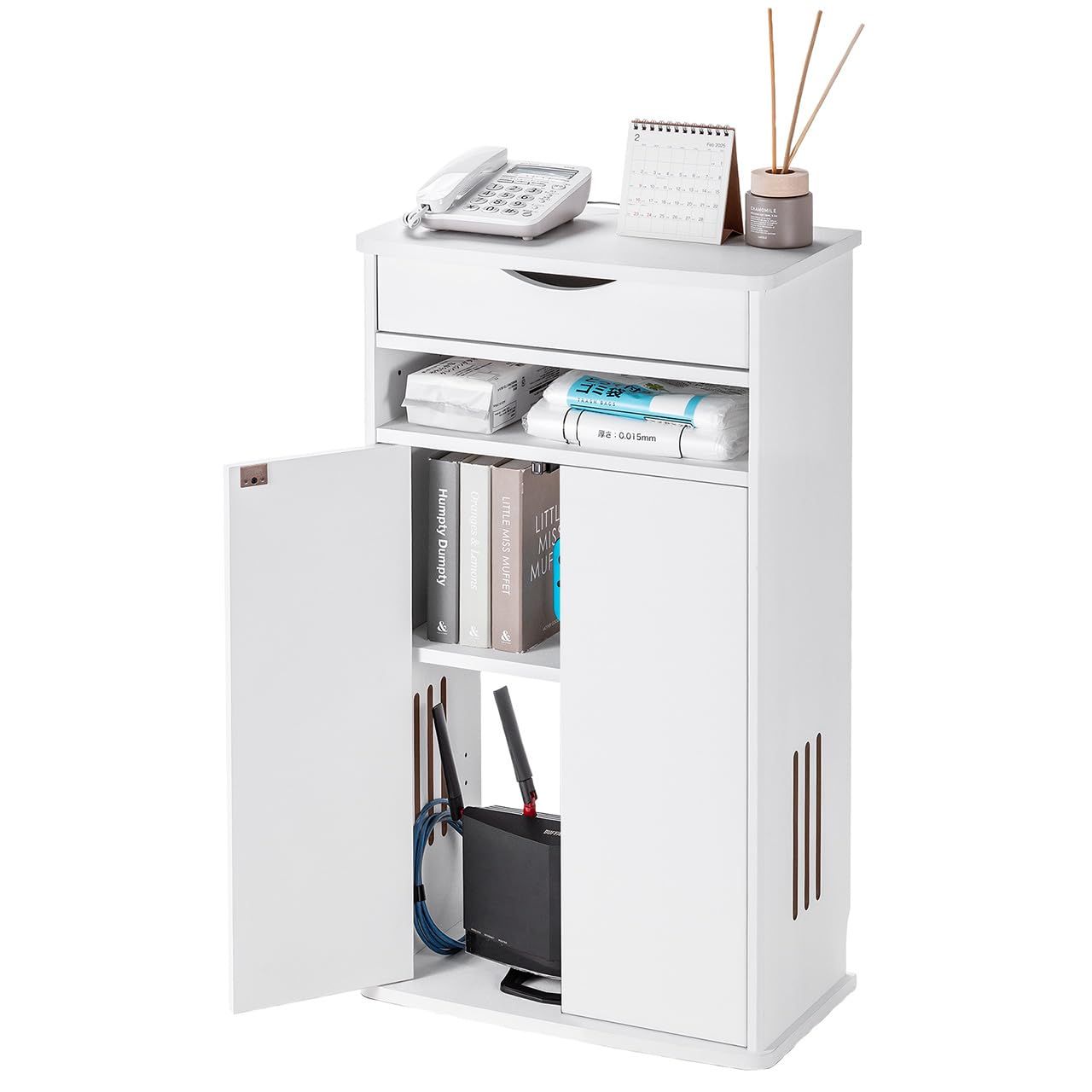 サンワダイレクト ルーター収納ボックス 電話台 木製 引き出し付 スリム 幅48×奥行27×高さ83cm ルーター モデム 配線隠し 収納 ホワイト 200-CB064Wym d6d6630b