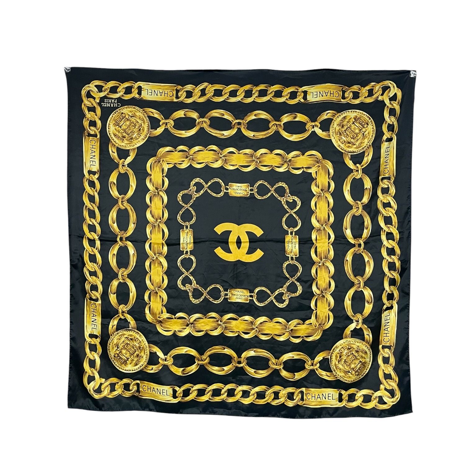 CHANEL シャネル ココマーク ゴールドチェーン柄 大判シルクスカーフ