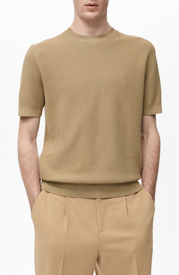 マンゴ メンズ トップス Tシャツ コットン ニット MANGO Textured Cotton KnitShirt Beige ベージュ