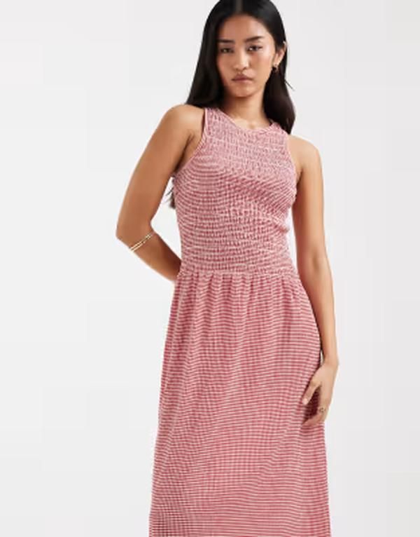 オンリー レディース トップス ワンピース ギンガムチェック ノースリーブ ギンガム ONLY sleeveless midaxi smock dress gingham Redcherry レッド