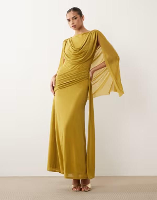 エイソス レディース トップス ワンピース シフォン ケープデザイン キャップ ケープ マキシ ASOS DESIGN stretchiffon cape detail cowl neck and b