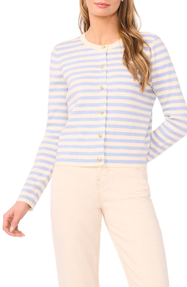 ハロゲン レディース アウター パーカー・スウェット クルーネック カーディガン Halogen Stripe Crewneck Cardigan BERRY BLUE HEATHER ヘザー