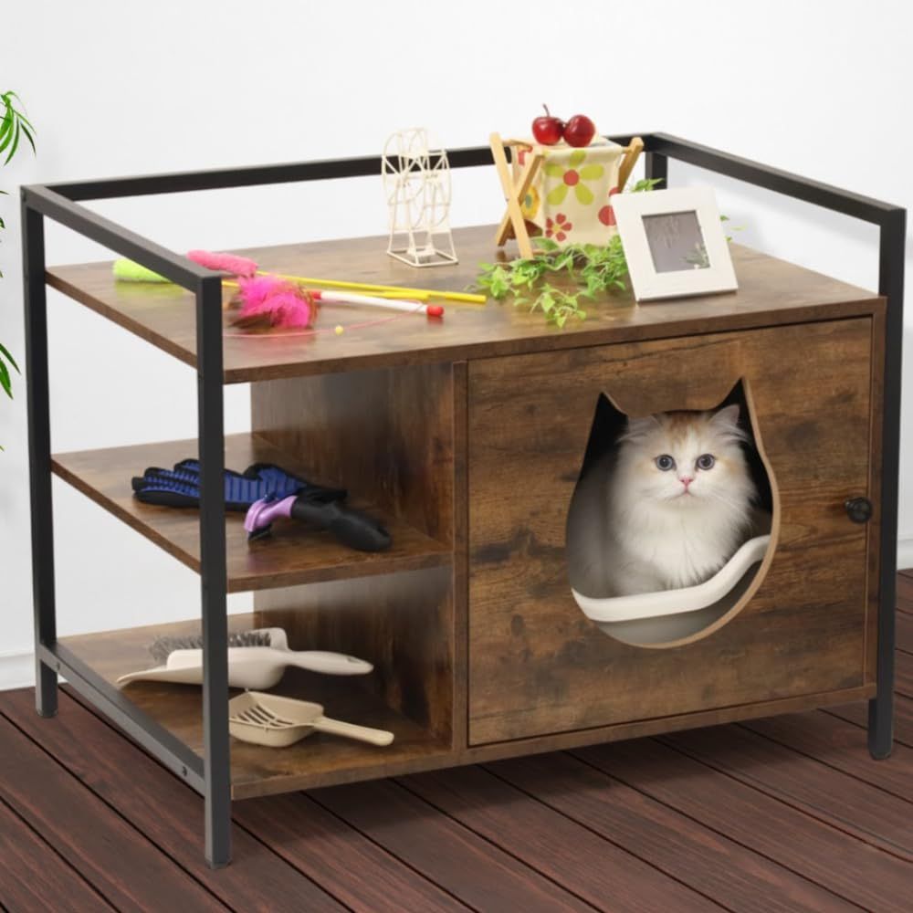 life_mart 猫用 トイレ隠し キャットクローゼット 【 木目調 おしゃれ 収納付き 】 猫トイレ隠す 家具 目隠し トイレ収納 キャビネット | 猫砂 飛び散り防止 ペットトイレ カバー 組み立て式t fd1530b6