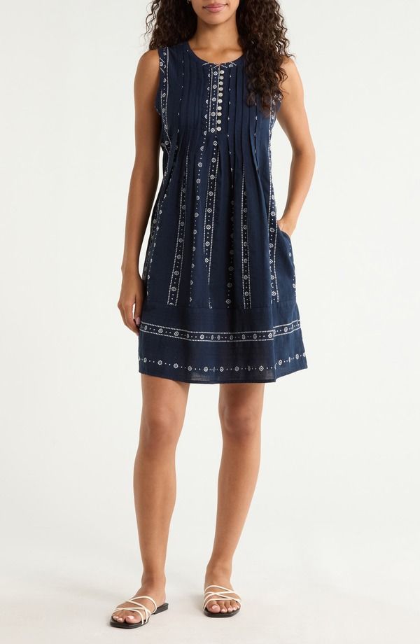 ラッキーブランド レディース トップス ワンピース ノースリーブ 刺繍 Lucky Brand Sleeveless Embroide red Pintuck Dress OMBRE BLUE ブルー