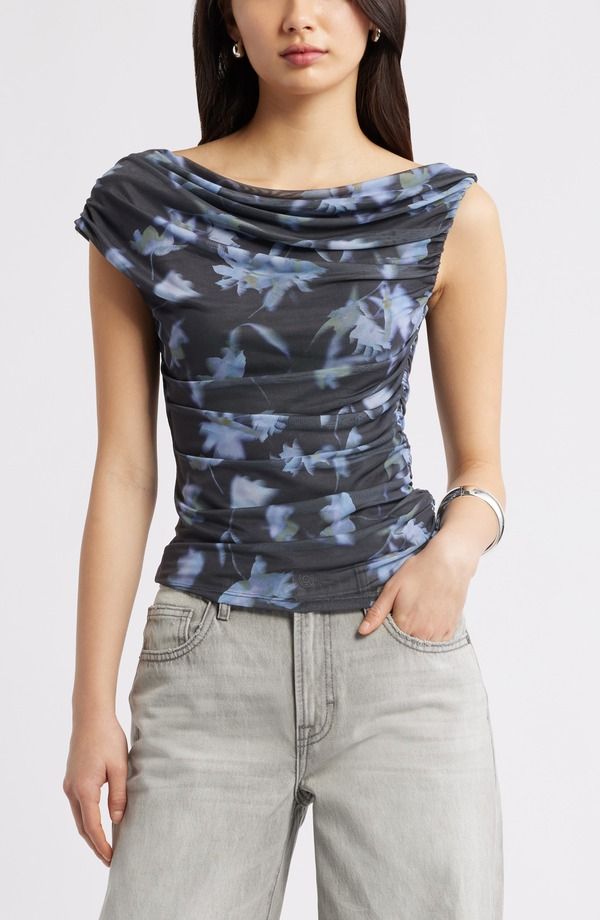 オープンエディット レディース トップス シャツ メッシュ キャップ Open Edit Cap Sleeve Mesh Top BLUE FALLING FLORAL ブルー