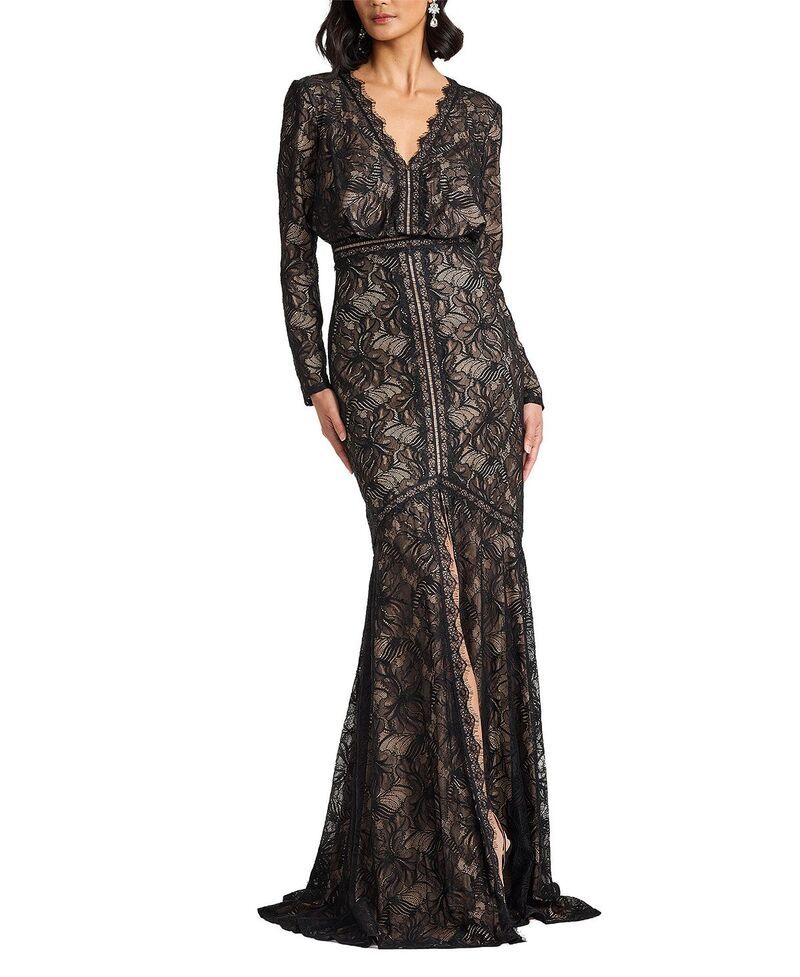 タダシショージ レディース トップス ワンピース レース Tadashi Shoji Carelli Orchid Lace Gown BlackNude ブラック