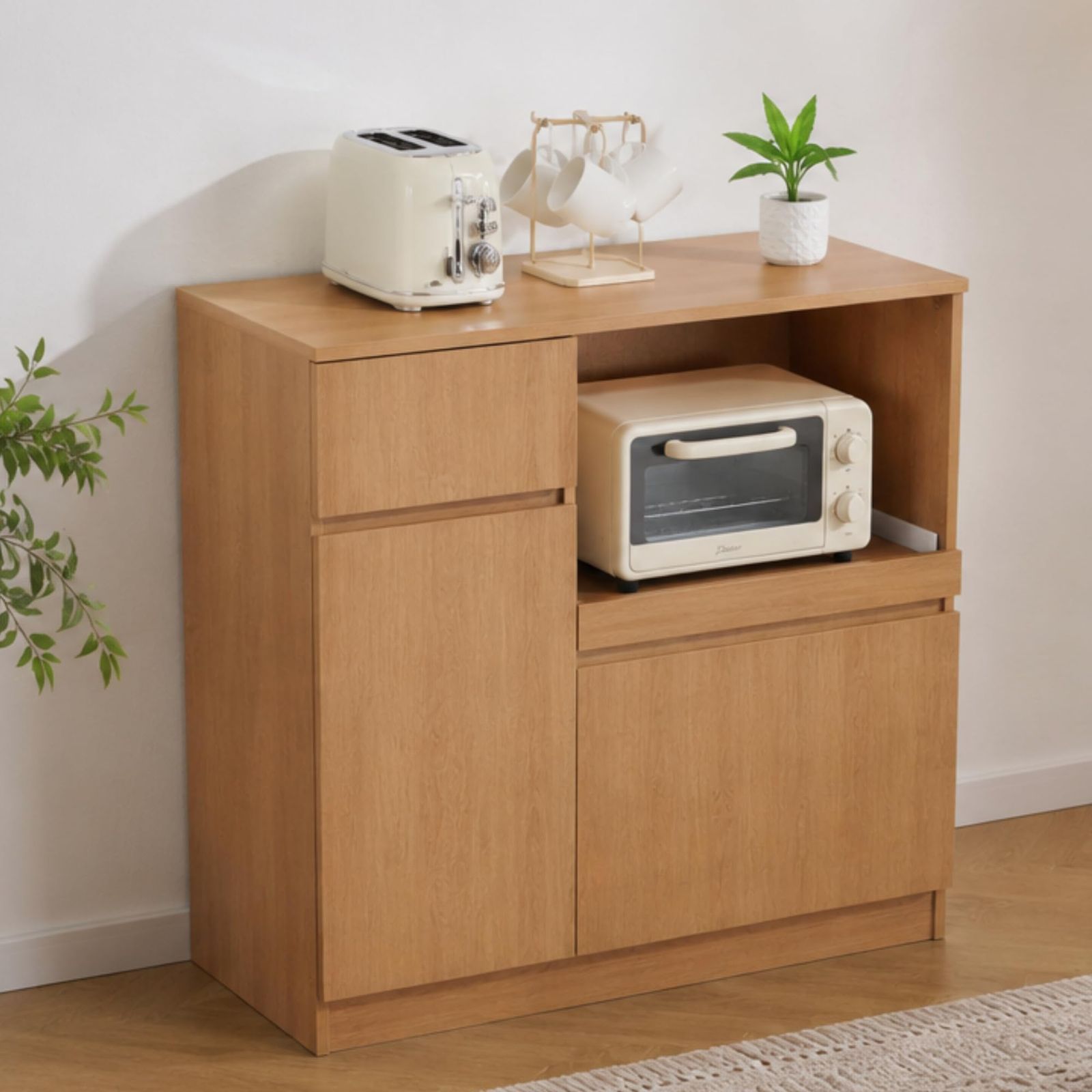 食器棚 キッチン棚 キッチンカウンター レンジ台付き キャビネット 高さ85.5cm ナチュラル | レンジ棚 ロータイプ キッチン収納 引き出し kitchen cabinet カップボード 調味料収納 広々とした天板 一人暮らし 北欧風 戸棚 扉付きｍａ