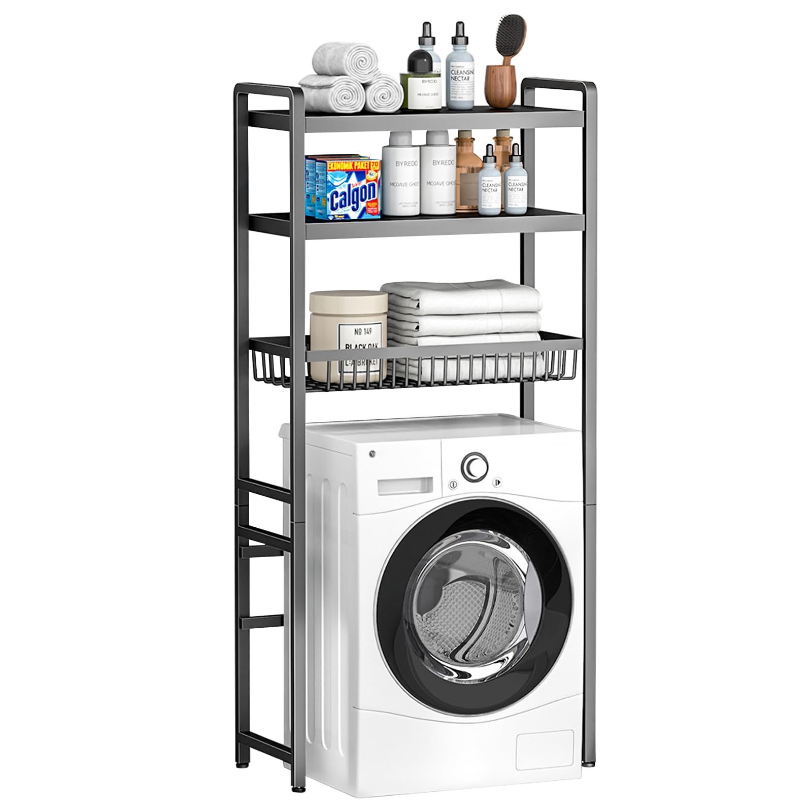 ランドリーラック 3 段 バスケット付き 洗濯機ラック | 幅 70× 奥行 25× 高さ 168cm 頑丈 オープン収納ラック 洗面所 脱衣所 キッチン ゴミ箱上 食器収納 組立式 (ブラック)ｍａ