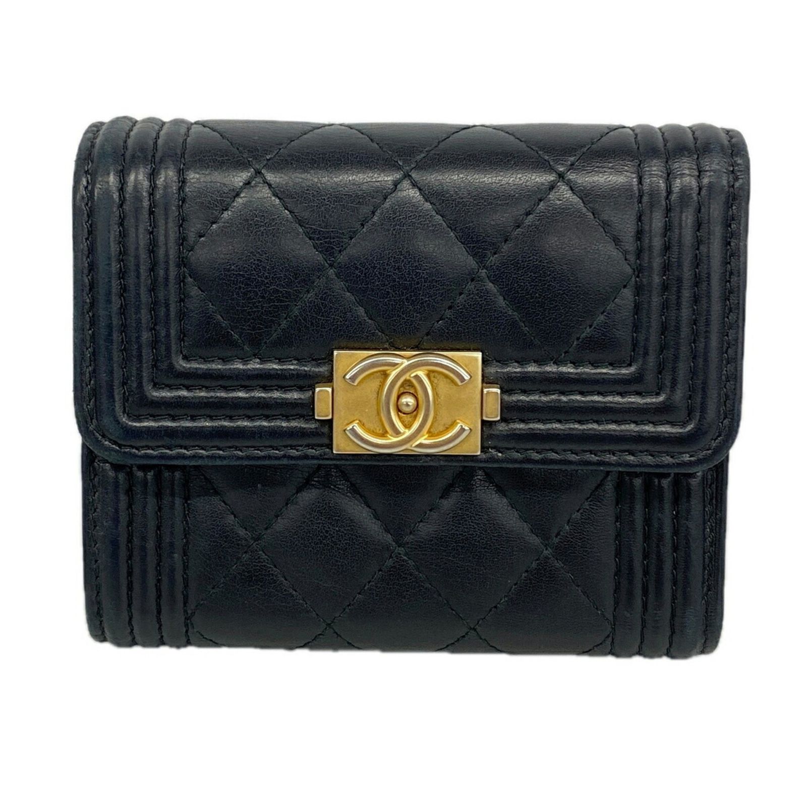 シャネル(Chanel) シャネル 三つ折り財布 ボーイシャネル ラムスキン ブラック レディース