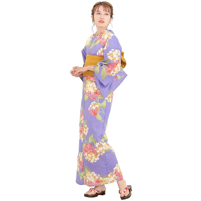[KYOETSU] [キョウエツ] 浴衣セット 変わり織 6点セット(浴衣、兵児帯、肌着、下駄、腰紐×2) レトロ C レディース (9.四葩優美)