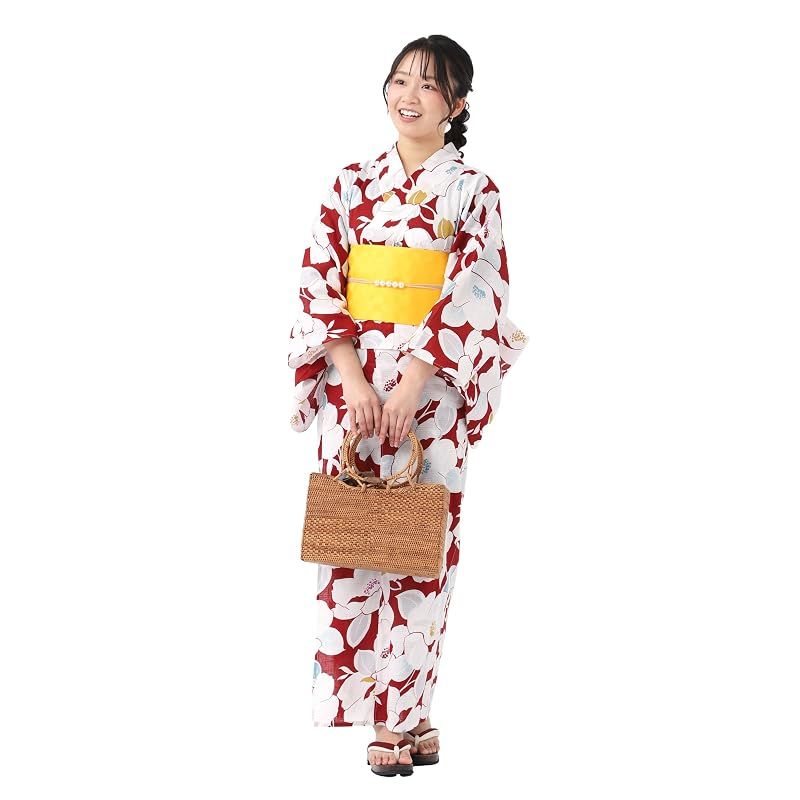 [たゆたふ] 二部式浴衣 3点 セット 帯 下駄 花柄 簡単 二部式 セパレート (赤地白椿, L)