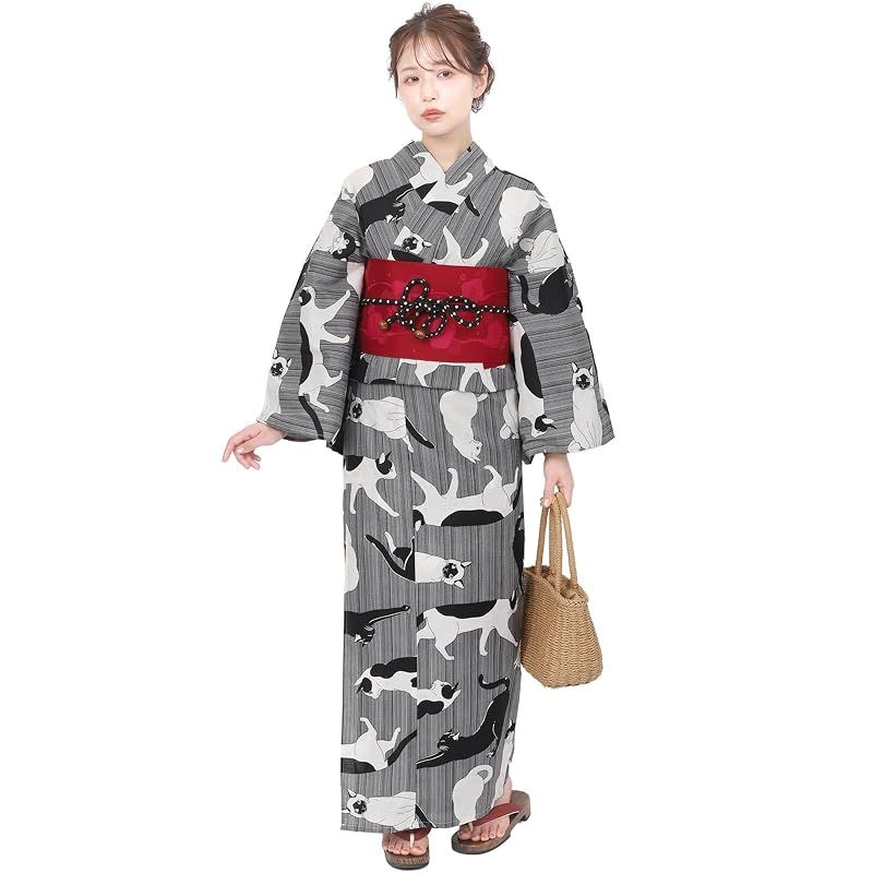 風香 浴衣 レディース 作り帯 ワンタッチ 2点 セット フリーサイズ 猫 モノトーン (ワンタッチ作り帯/日本製/茜色) X500309