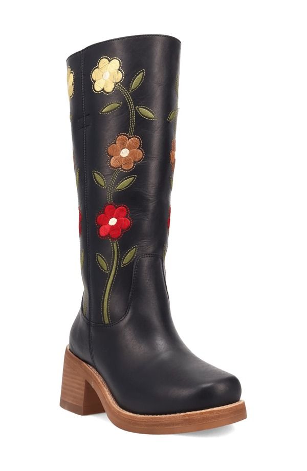 ディンゴ レディース シューズ ブーツ・レインブーツ 刺繍 Dingo Bloom Embroidered Boot Black ブラック