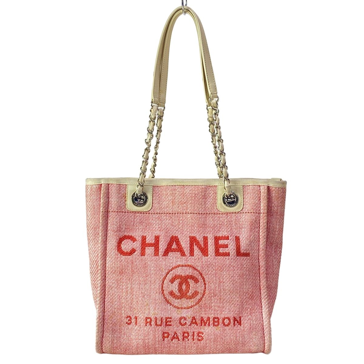 CHANEL(シャネル) トートバッグ ドーヴィルラインPM ピンク×アイボリー チェーンショルダー/シルバー金具 レザー 109,065円