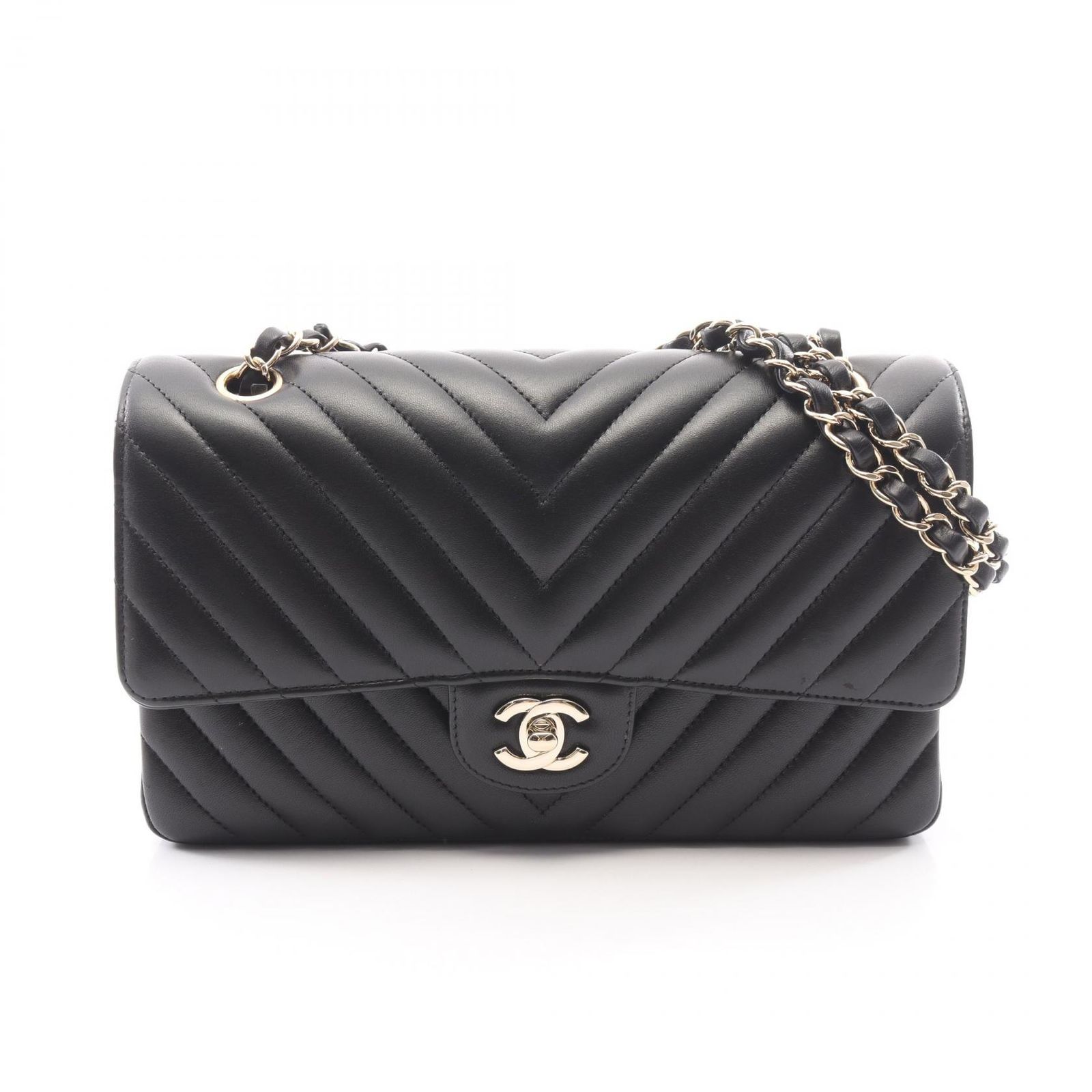シャネル CHANEL ショルダーバッグ シェブロン Vステッチ Wフラップ ブラック ラムスキン（羊革） シェブロン Vステッチ ダブルフラップ チェーンショルダー