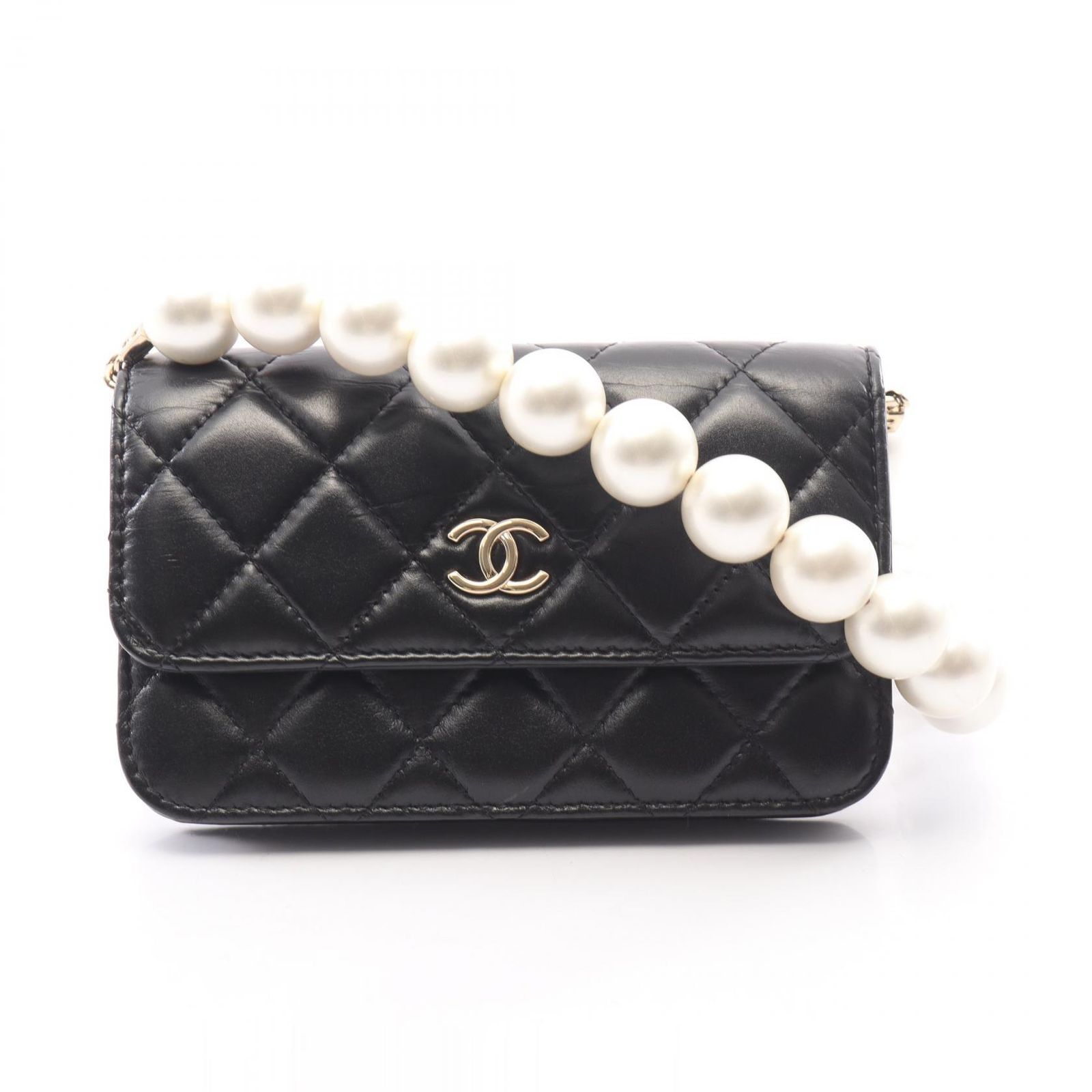 シャネル CHANEL ショルダーバッグ マトラッセ パールチェーン ブラック ラムスキン（羊革） マトラッセ パールチェーンウォレット レディース Used A