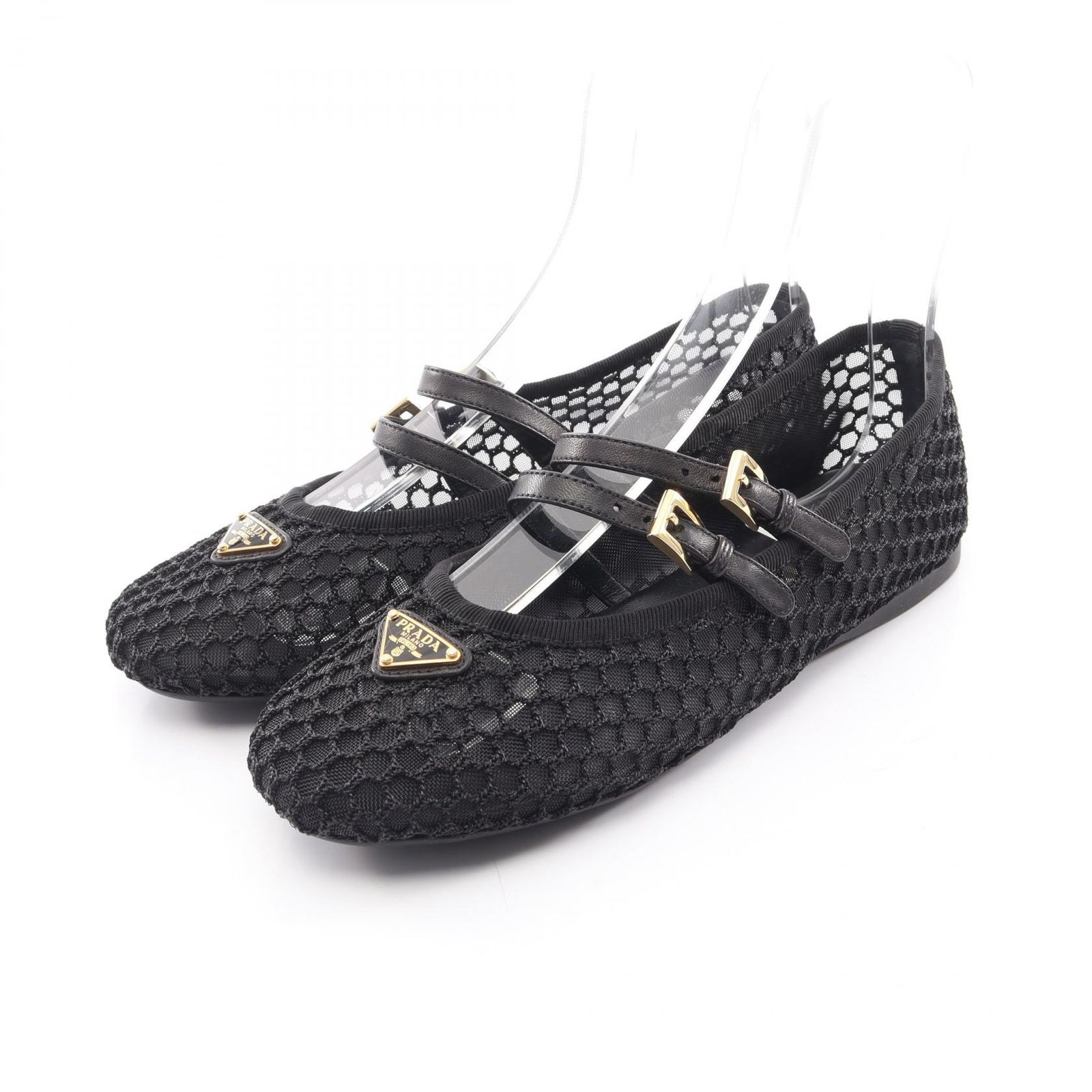 プラダ PRADA パンプス マクラメ メッシュ ブラック レザー バレエシューズ レディース Used A