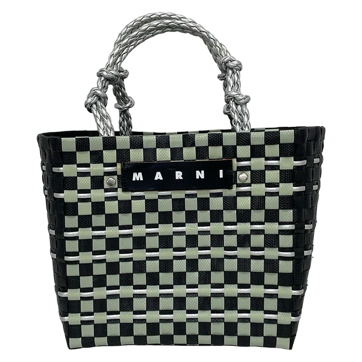 MARNI(マルニ) トートバッグ - 黒×ライトグリーン×シルバー かごバッグ/編み込み レザー