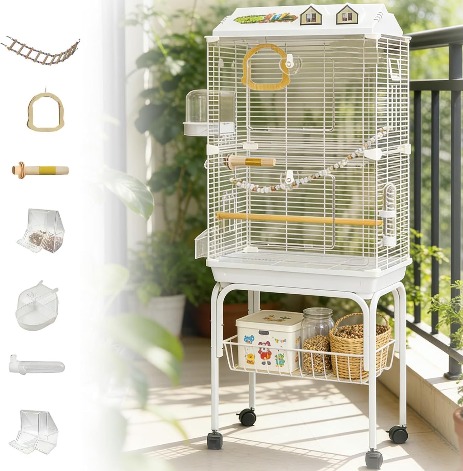 オカメインコ ケージ 2段 大型 幅47×奥行43×高さ115cm バードケージ 透明アクリル前面 ホワイト 鉄製 側面メッシュ 通気性 キャスター（ロック付き） 組立簡単 付属品：雲梯・止まり木・ブランコ・水入れ・給水器・餌入れ・水浴びケース 適用目安：ジャ