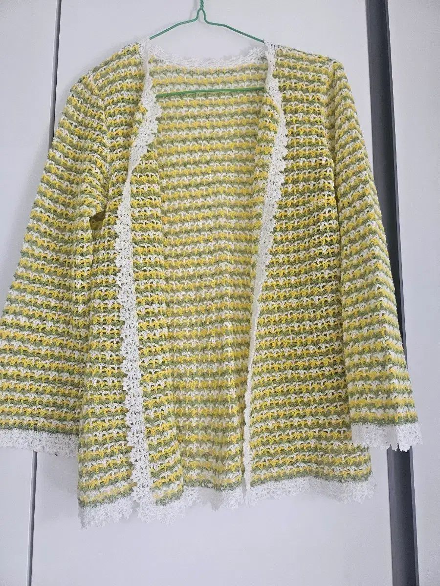 輸入)ハンドメイド ニット カーディガン 黄色 白 レース バイカラー
