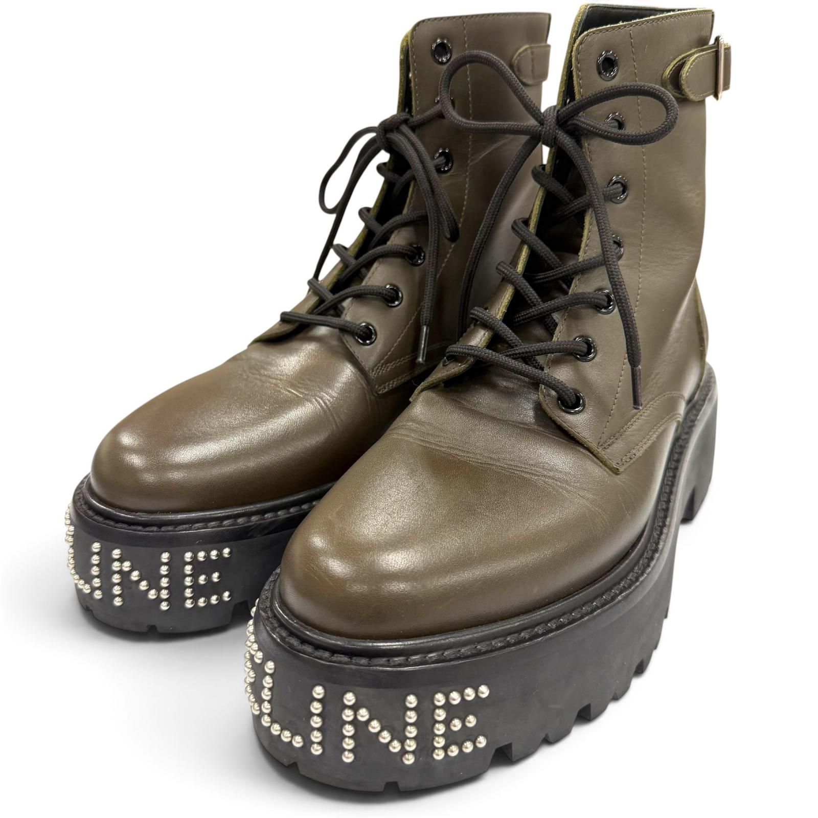 極美品▼CELINE セリーヌ 345983579C BULKY バルキー レザー スタッズロゴ レースアップ ブーツ カーキ 39 イタリア製 メンズ 43,200円
