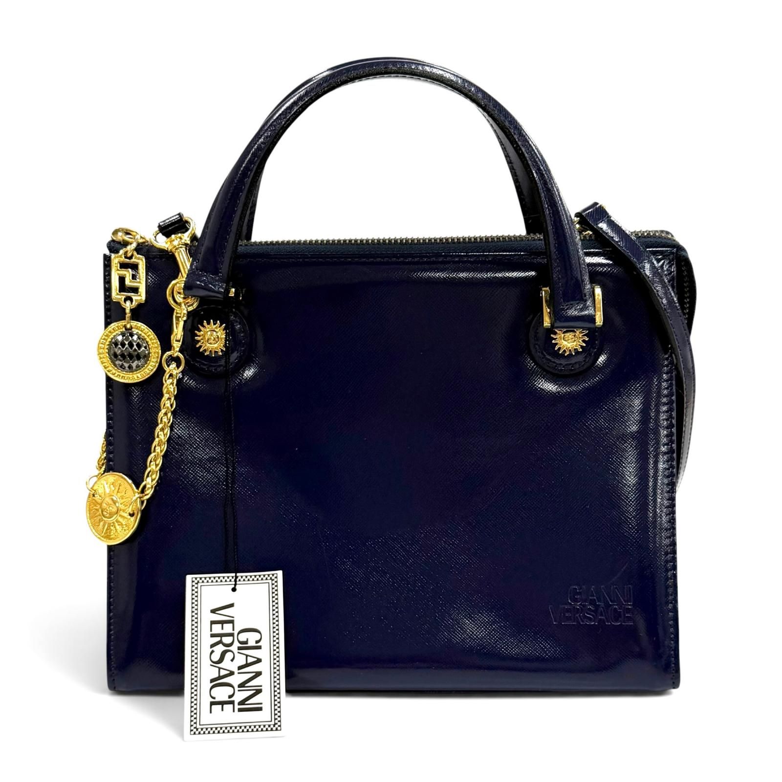 未使用品★Gianni Versace ジャンニヴェルサーチ ヴィンテージ サンバースト チェーン装飾 2WAY レザー ハンドバッグ ネイビー 保存袋付