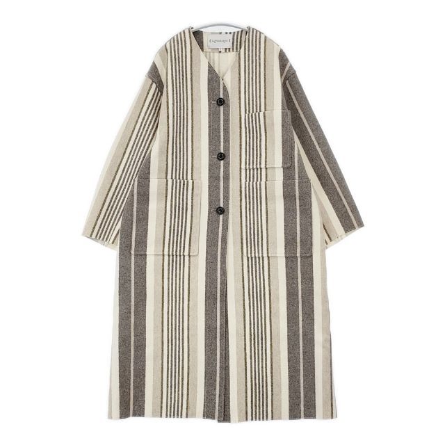 LUV OUR DAYS ノーカラー ストライプ ウール コート ベージュ レディース ラブアワーデイズ【中古】6-0722T∞