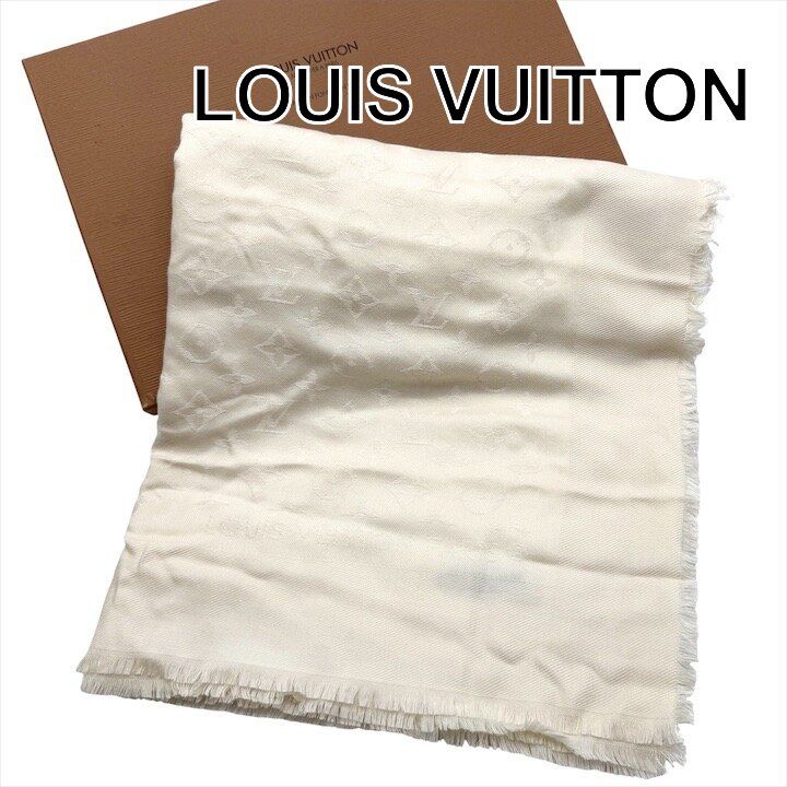 美品 LOUIS VUITTON ルイヴィトン モノグラム パターン ホワイト カラー 大判 ショール ストール レディース ひざ掛け シルク r2296