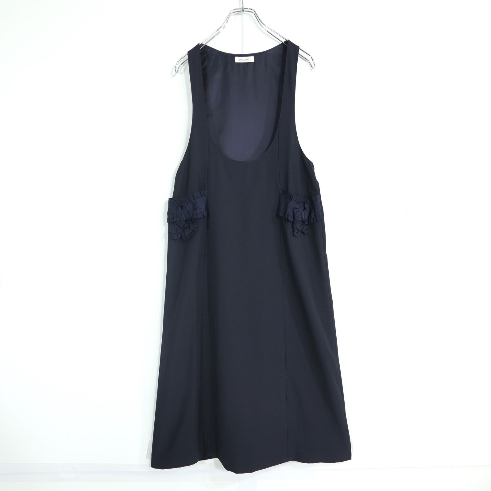 【美品】インゲボルグ★リボンモチーフ♪ジャンパースカート 濃紺系 無地 薄手 z22413