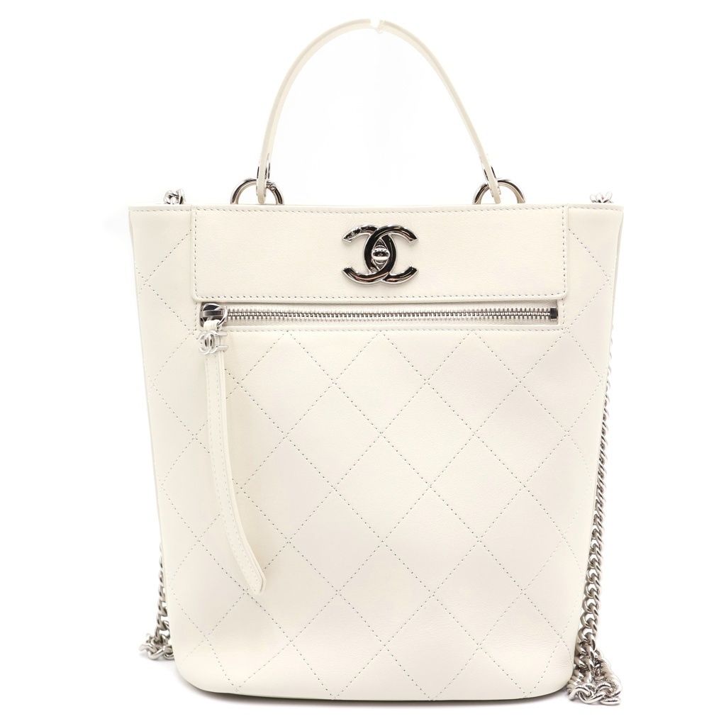 CHANEL (シャネル) マトラッセ ココマーク レザー バケットバッグ 2WAY ショルダーバッグ ハンドバッグ ホワイト 27番台 AS0577