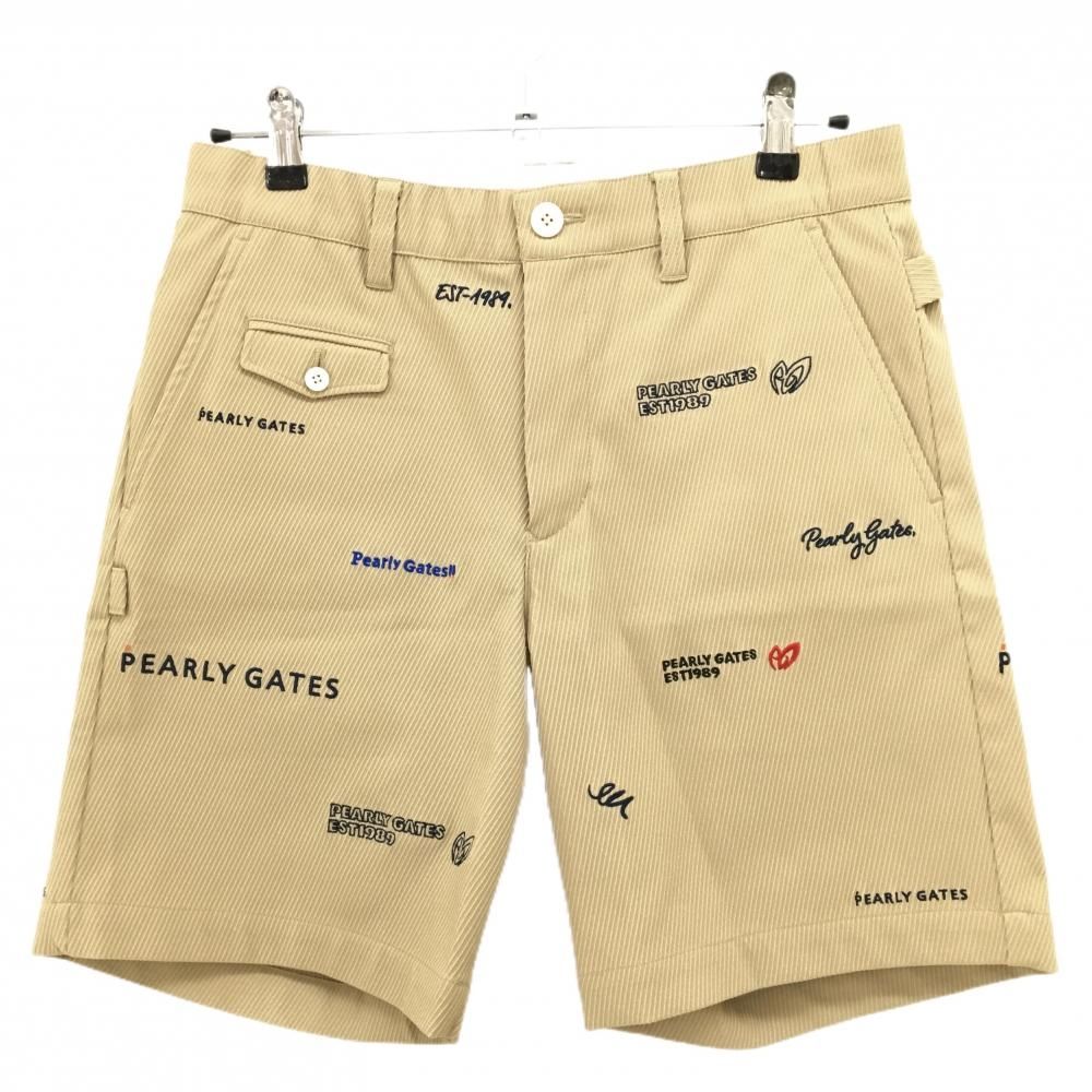 【超美品】パーリーゲイツ ハーフパンツ ベージュ×ネイビー 刺しゅうロゴ総柄 メンズ 4(M) ゴルフウェア 2024年モデル PEARLY GATES