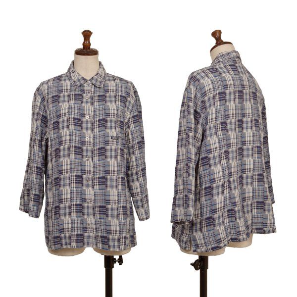 マドモアゼルノンノンMademoiselle NON NON コットンリネンパッチワークチェックシャツ 青白40L