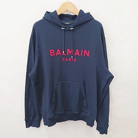 バルマン BALMAIN パーカー プルオーバー フード ロゴ プリント ネイビー レッド 紺 赤 大きいサイズ XXXL ☆AA★