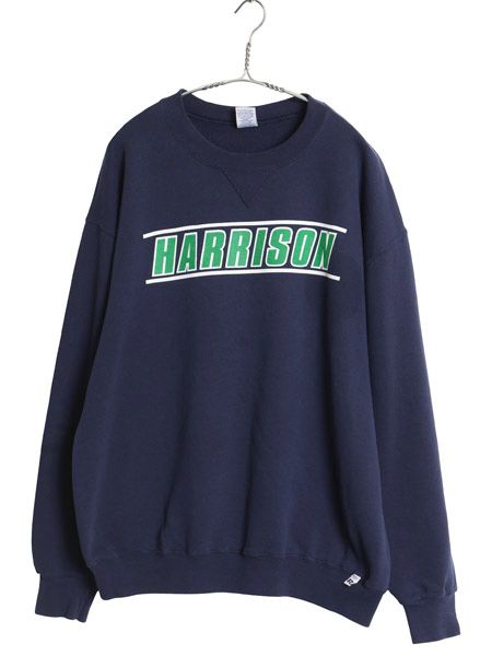 90s ラッセル 両面 スクール プリント スウェット メンズ レディース L / オールド トレーナー 裏起毛 前V クルーネック シンプル ネイビー