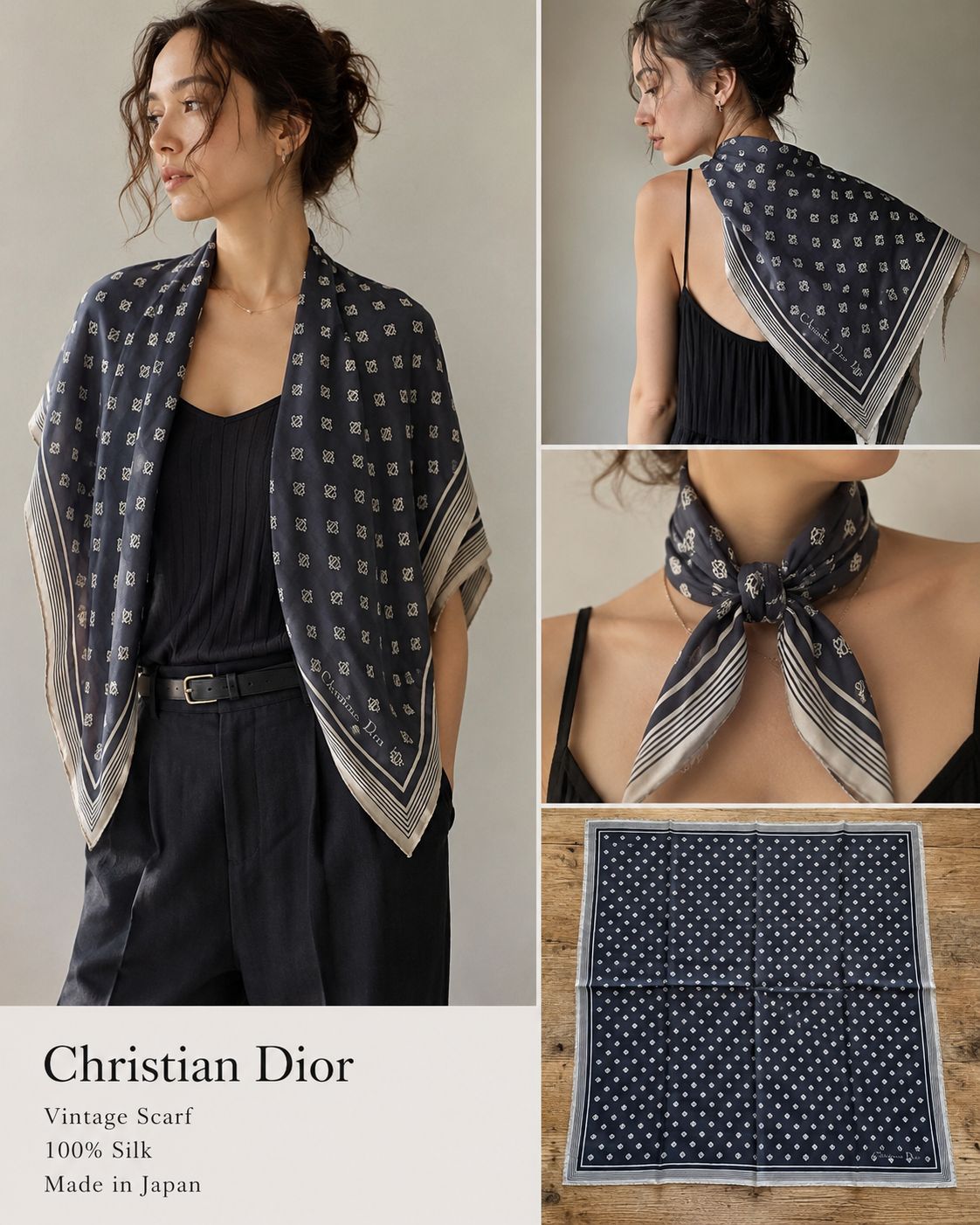 Christian Dior Vintage Silk Scarf Navy Monogram Logo Square Handkerchief 100% Silk 9,600円