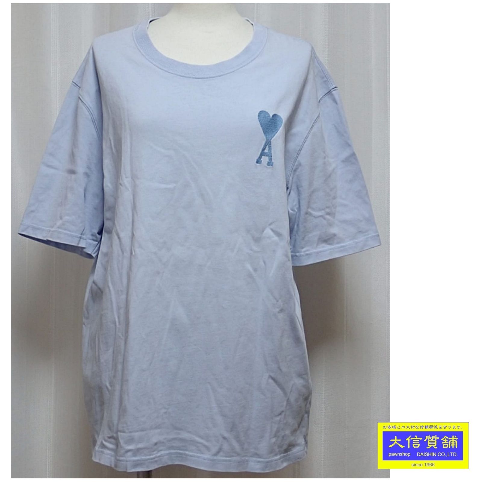 AMI ALEXANDRE MATTIUSSI PARIS アミアレクサンドルマテュッシ 半袖Tシャツ コットン ライトブルー メンズM E22UTS002 726 ハートロゴ刺繍 中古B 【送料無料】 A-9308【質屋出品】