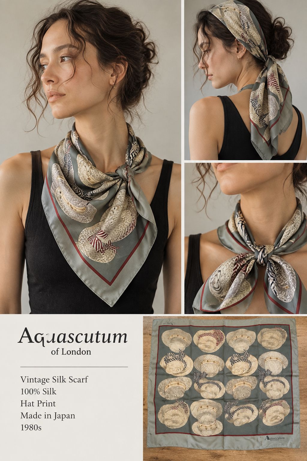 Vintage Aquascutum of London 100% Silk Scarf Hat Print Large Square Luxury