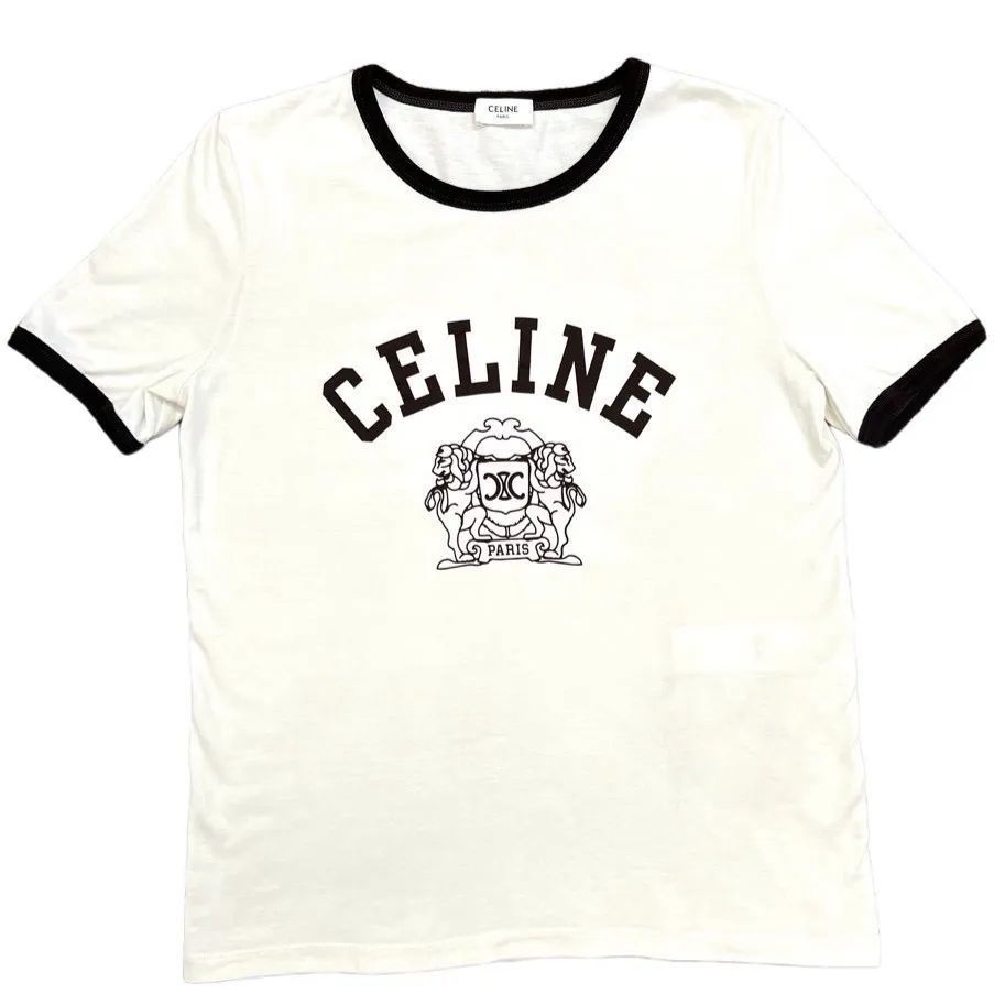 CELINE セリーヌ ロゴ エンブレム Tシャツ レディース M BLASON ブラゾン カットソー クルーネック 半袖コットン ホワイト ブラウン ギフト プレゼント