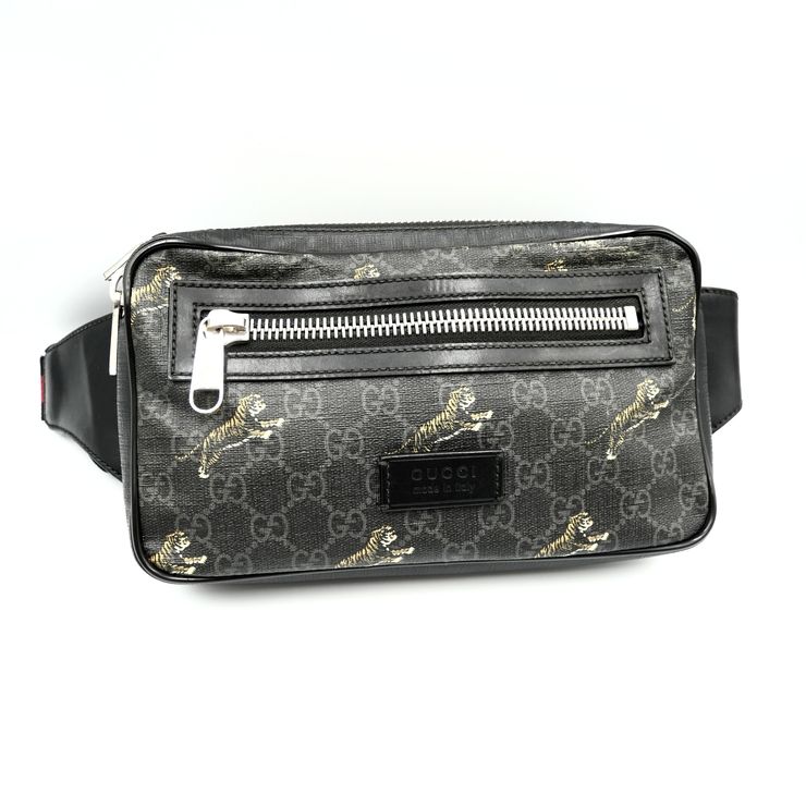 GUCCI（グッチ）GGスプリーム タイガープリント ベルトバッグ ボディバッグ ウエストバッグ ブラック PVC レザー シルバー金具 474293【中古】