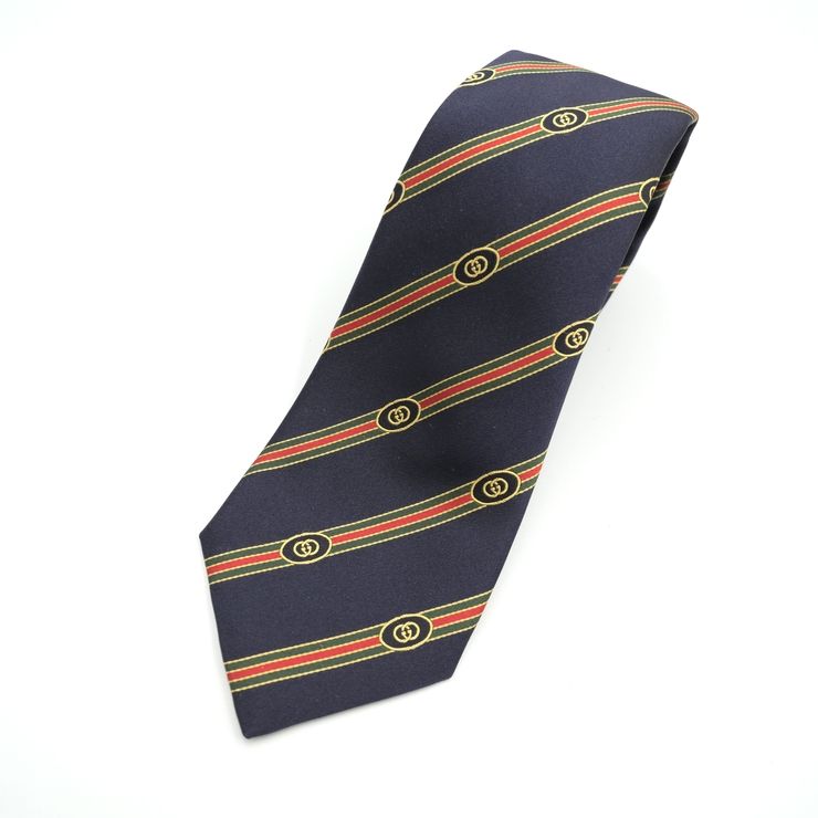 GUCCI(グッチ)インターロッキングG ウェブ ストライプ ネクタイ シルク ネイビー イタリア製 621570 4E009 メンズ【中古】