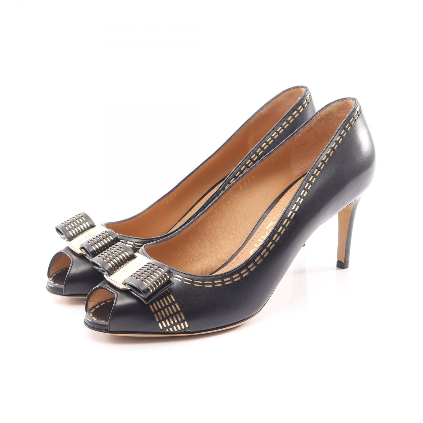 サルヴァトーレフェラガモ Salvatore Ferragamo パンプス ヴァラリボン オープントゥ ブラック レザー パンプス レディース Used A