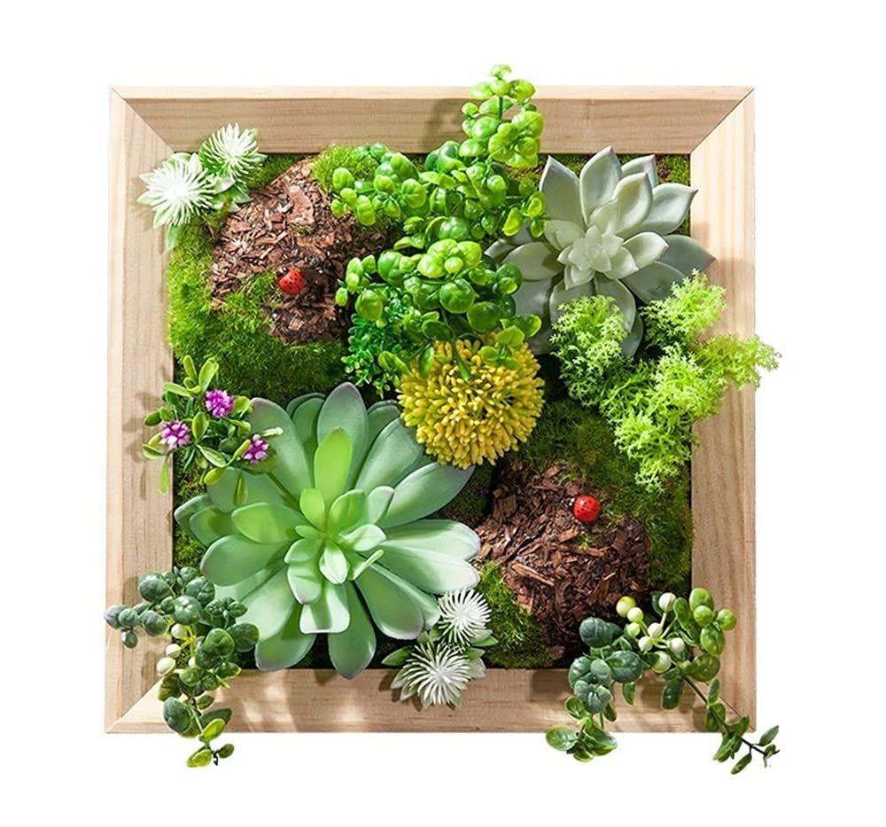 【 ウォールグリーン 壁掛け フェイク 木枠 】 フェイクグリーン 観葉植物 造花 おしゃれ インテリア 人工観葉植物 エアープランツ 室内 大型 フレーム アンティーク 雑貨 人工 多肉植物 壁掛 グリーン 緑 植物 サボテン (30×30)ｍａ