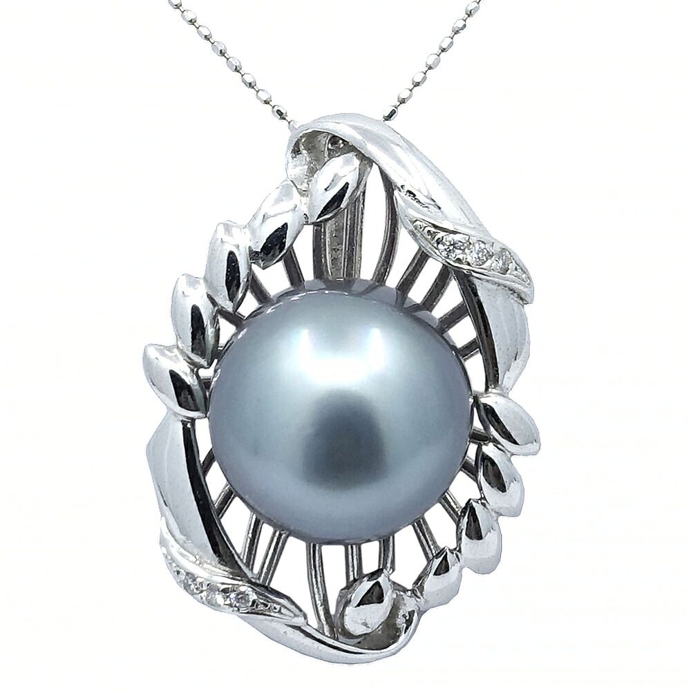 【名東】ジュエリー ネックレス 黒真珠 ブラックパール 約15.0mm玉 ダイヤモンド0.07ct 約45cm K18WG 女性 約12.5g アクセサリー 本体のみ