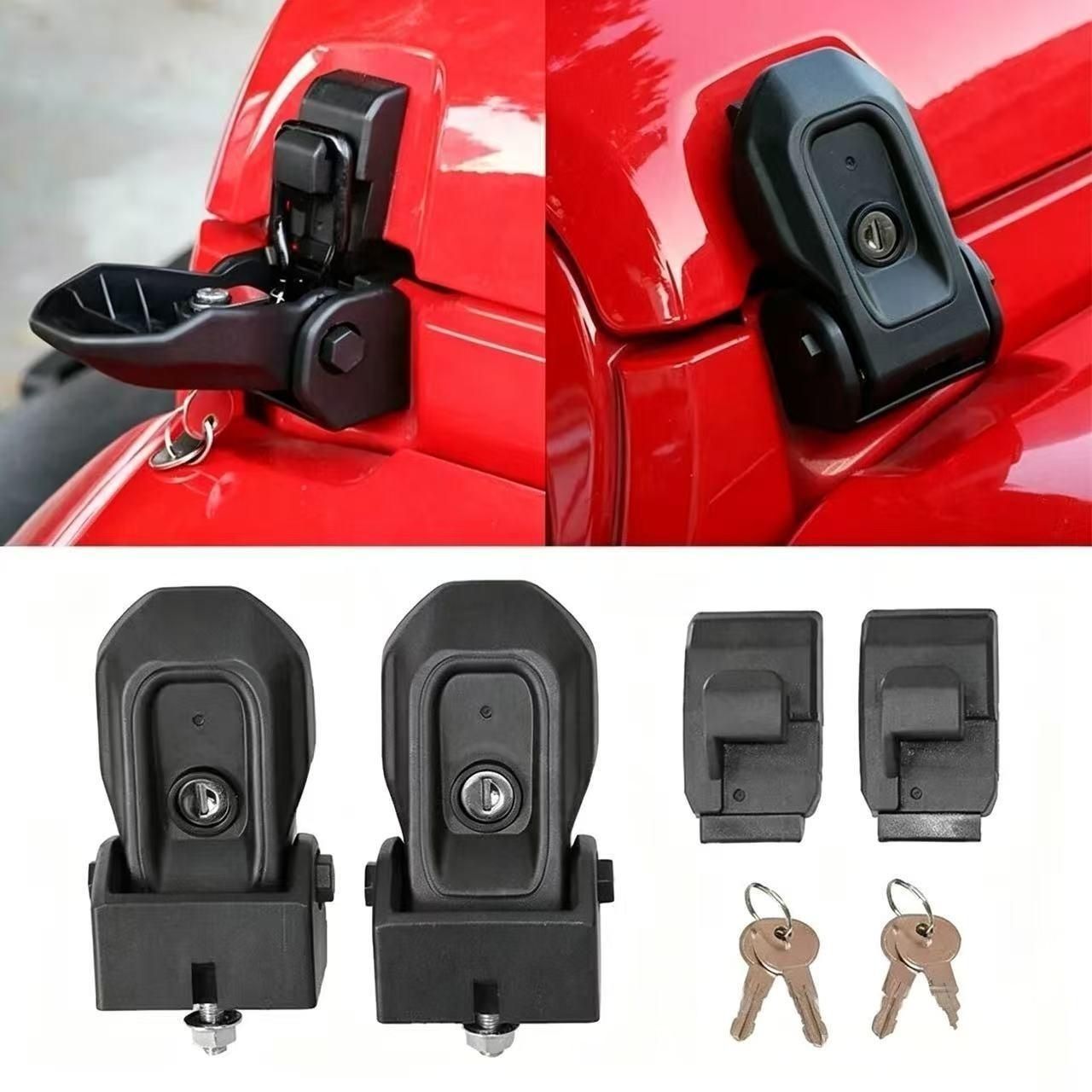 ジープ Jeep JK／JL／JT 2007年～2026年 ボンネット左右用 フードラッチ ボンネットロック 1セット 固定用バックル 交換取付式 外装アクセント