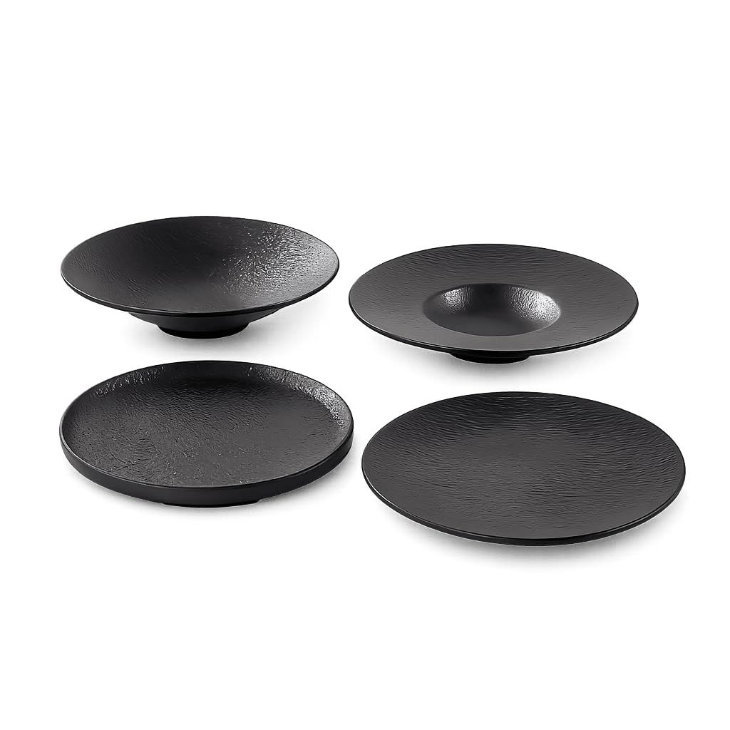 Kagiri お皿セット 4枚 メラミン樹脂 黒 割れにくい プレート ボウル 食器セット 耐熱100℃ ギフト 電子レンジ不可 | ワイドリムプレート ディッシュプレート フラットプレート ボウルプレート壊れにくい 軽量pms d5163dee 6,984円